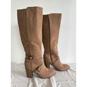 Libby Tan Faux Suede Knee High Block Heel Buckle Boots Womens 8.5 EU 39